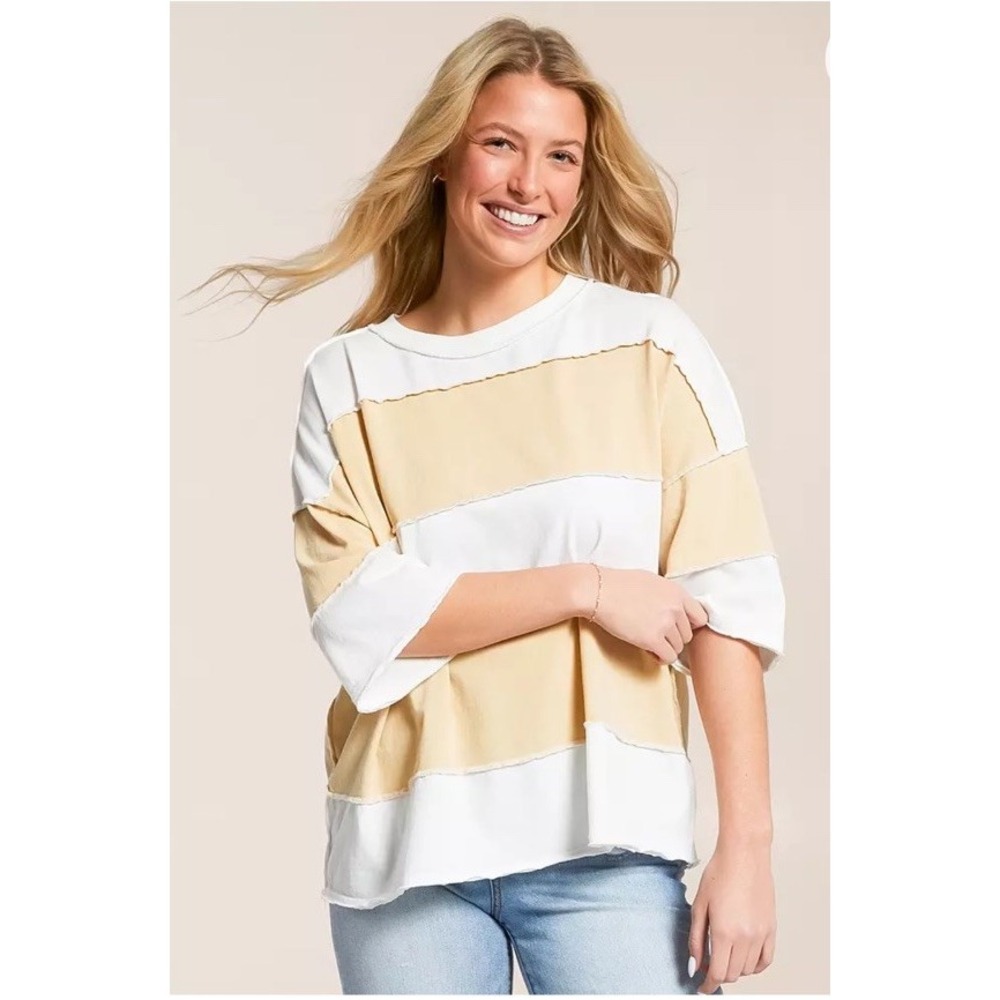 We The Free FP Size XL Maddie Raw Edge T-shirt Ivory Combo Oversized $78